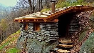 cabanya amb pedres i troncs a la muntanya